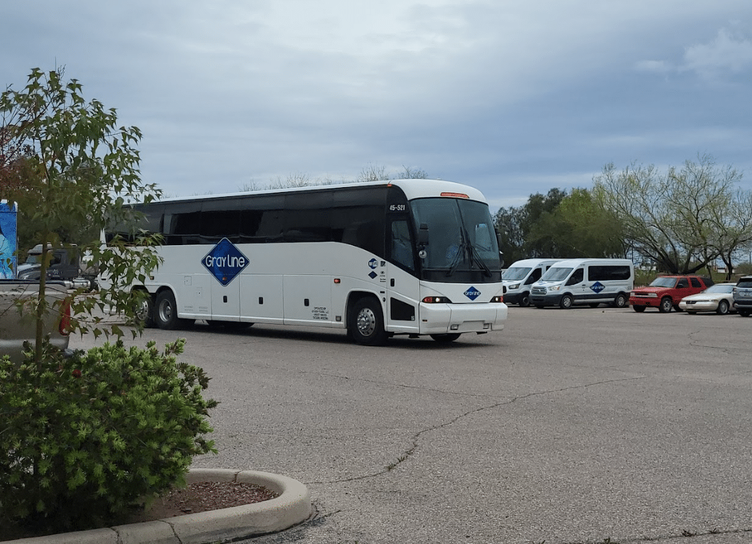 Gray Line bus parked in a lot with other vehicles, ideal for a Bus Rental in Arizona.