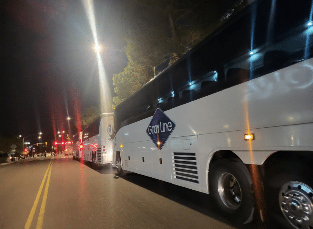 Gray Line buses lined up on a street at night, ideal for a Bus Rental in Scottsdale, Arizona.